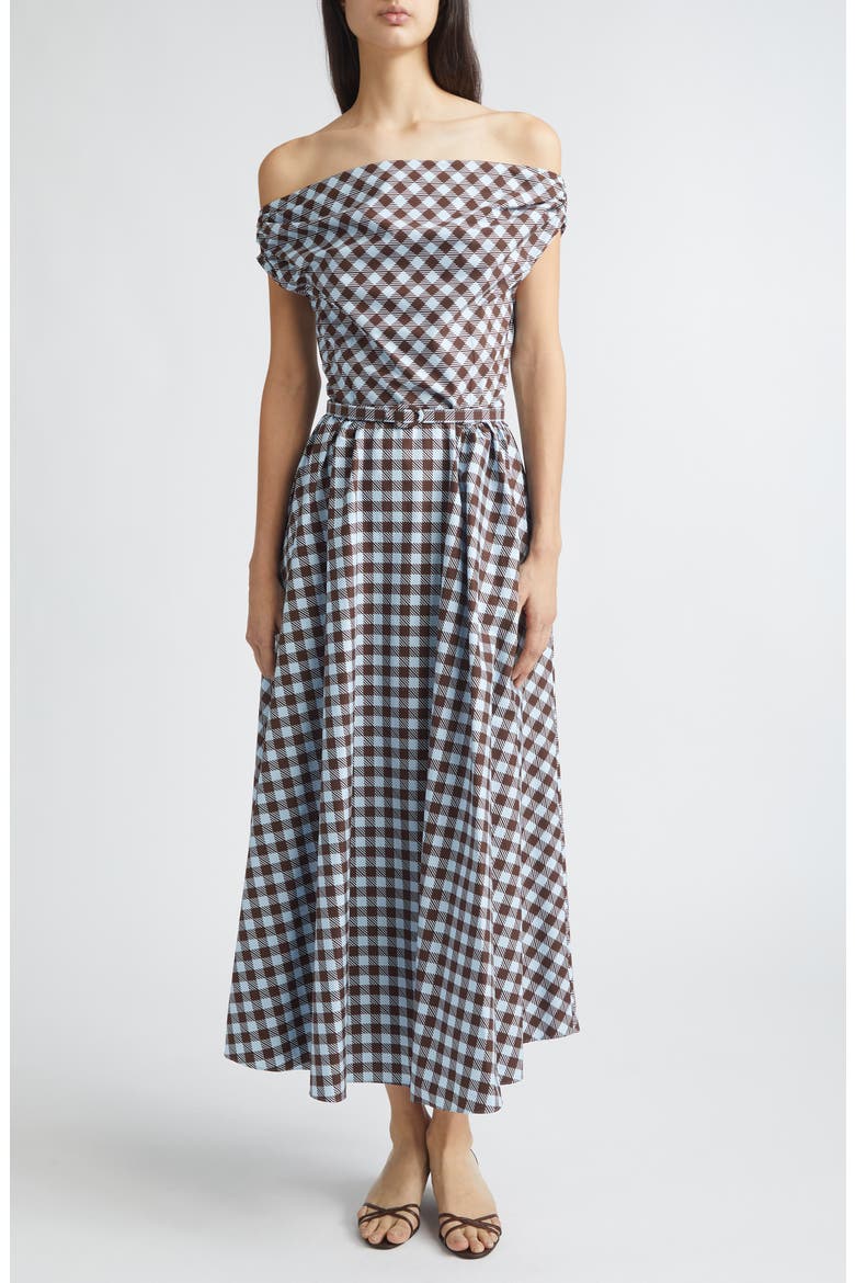 Gingham Print Cotton Stretch Poplin Off the Shoulder Dress, Main, color, ICE/ MAHOGANY