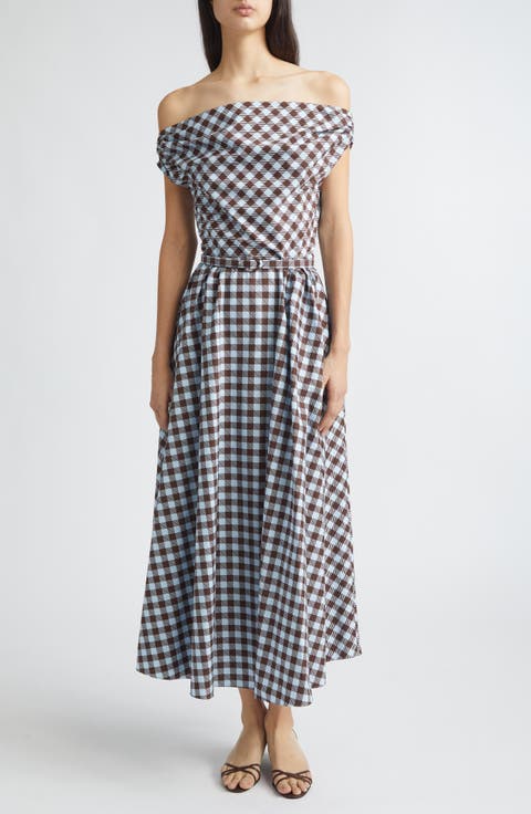 Gingham Print Cotton Stretch Poplin Off the Shoulder Dress