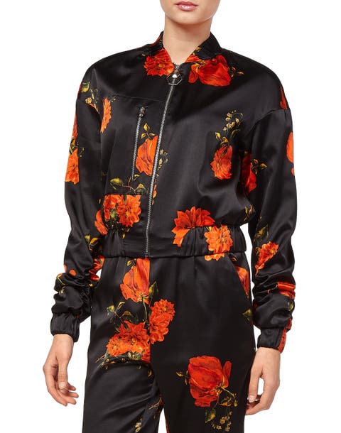 Crystal Embellished Printed Bomber Jacket Flowers Women