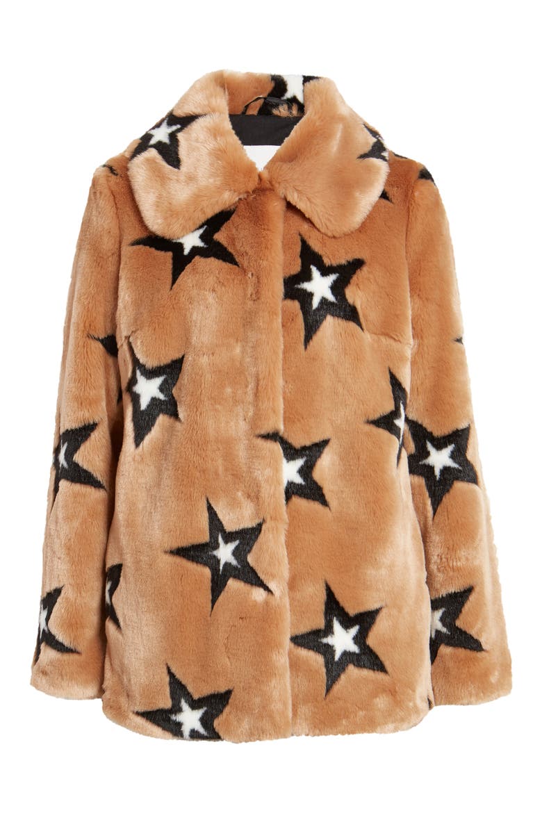 Star Print Faux Fur Swing Coat, Alternate, color, CAMEL/ BLACK STAR