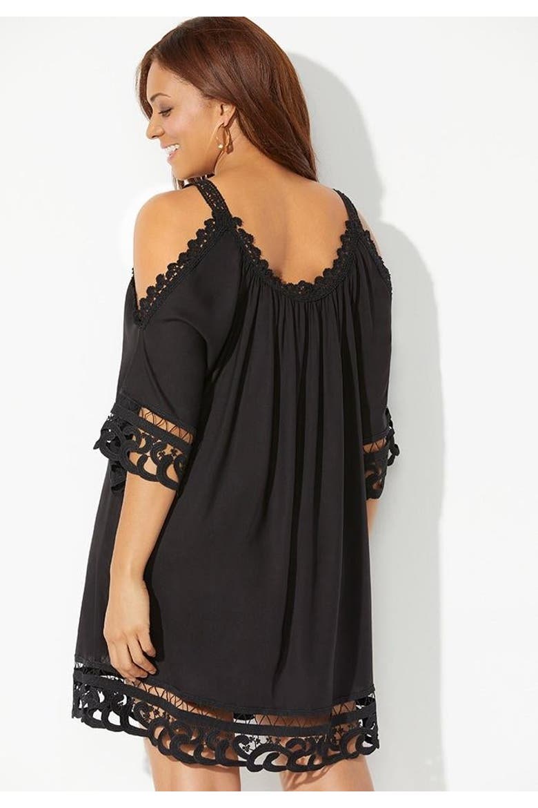 Vera Crochet Cold Shoulder Cover Up Dress, Alternate, color, Black