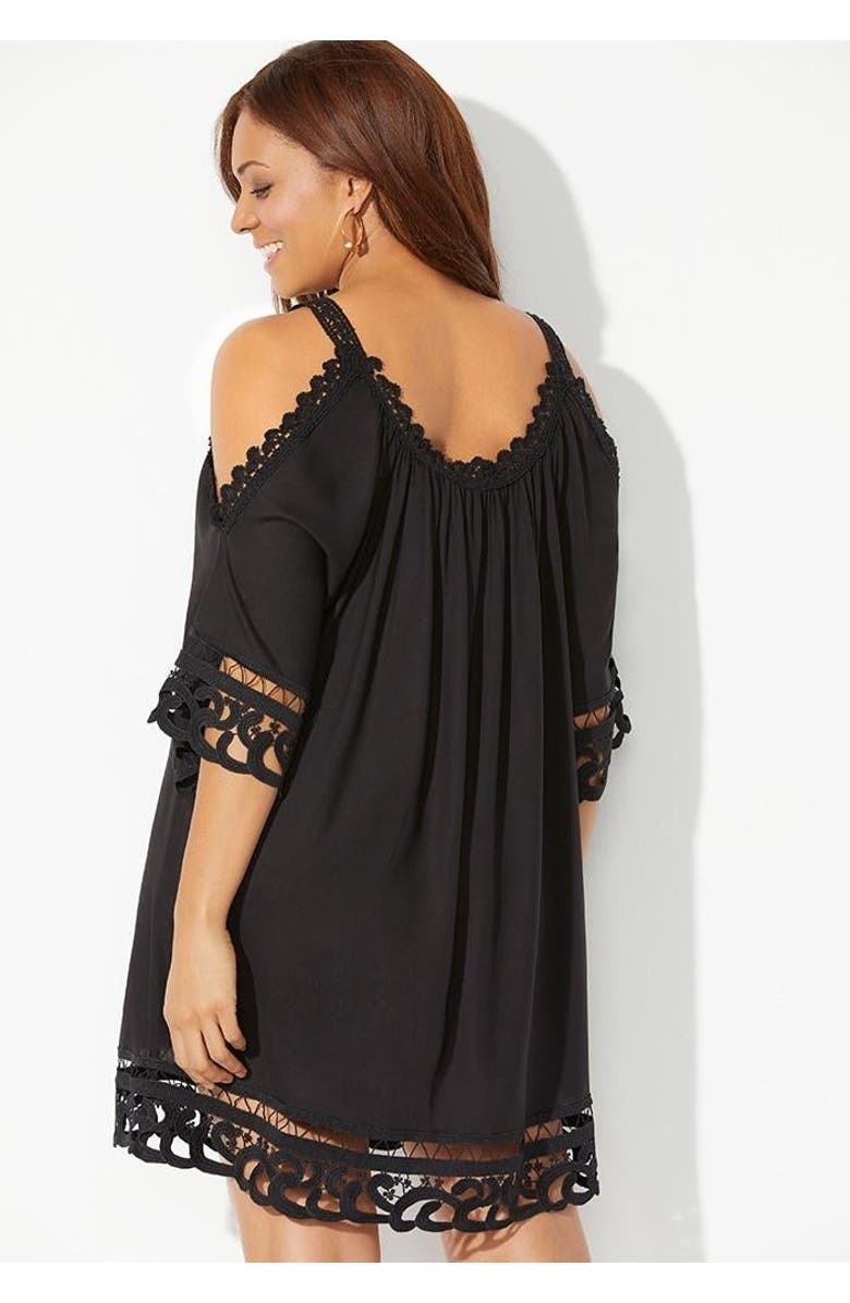 Swimsuits for All Vera Crochet Cold Shoulder Cover Up Dress, Alternate, color, Black