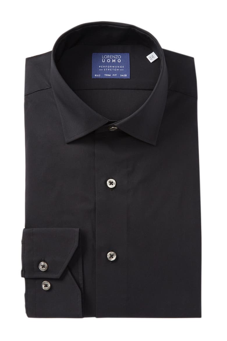 Travel Cotton Stretch Trim Fit Dress Shirt, Main, color, BLACK