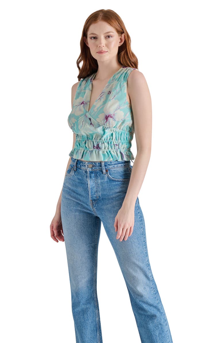Steve Madden Floral Print V-Neck Sleeveless Ruched Top, Alternate, color, Hazy Blue