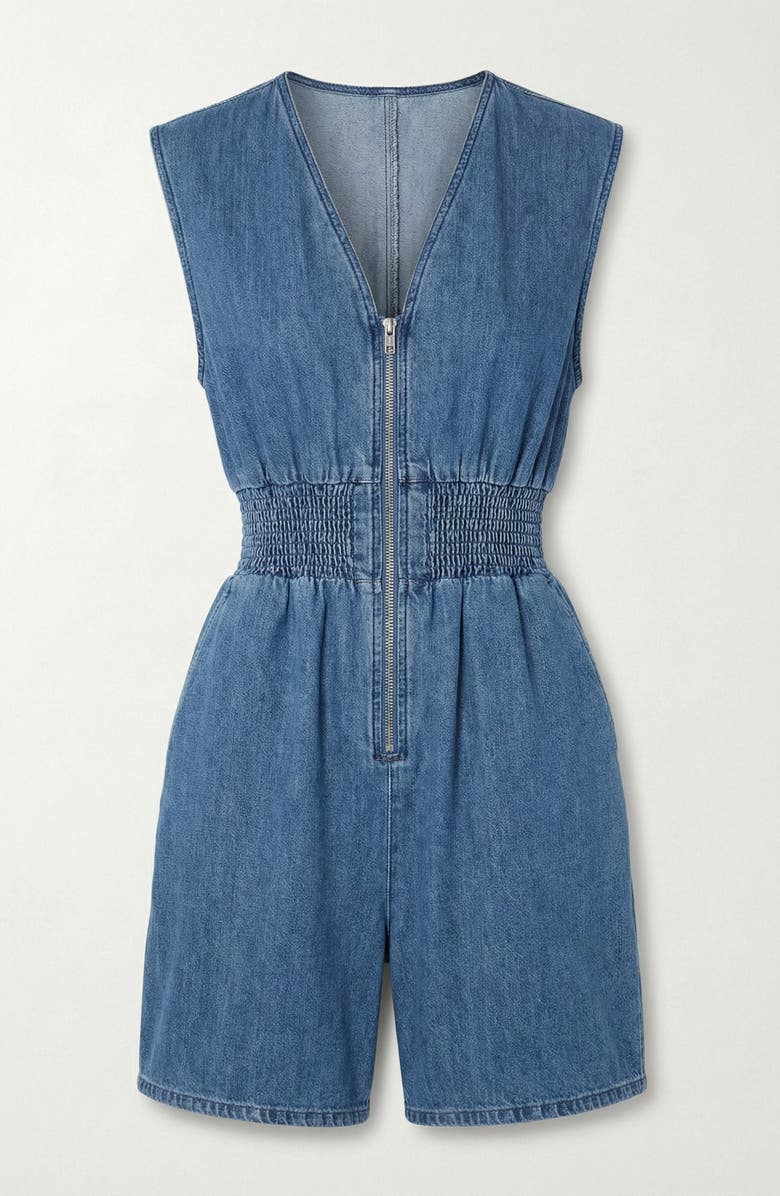 Modenaire Denim Cap Sleeve Smocked Romper, Alternate, color, Medium Wash Blue