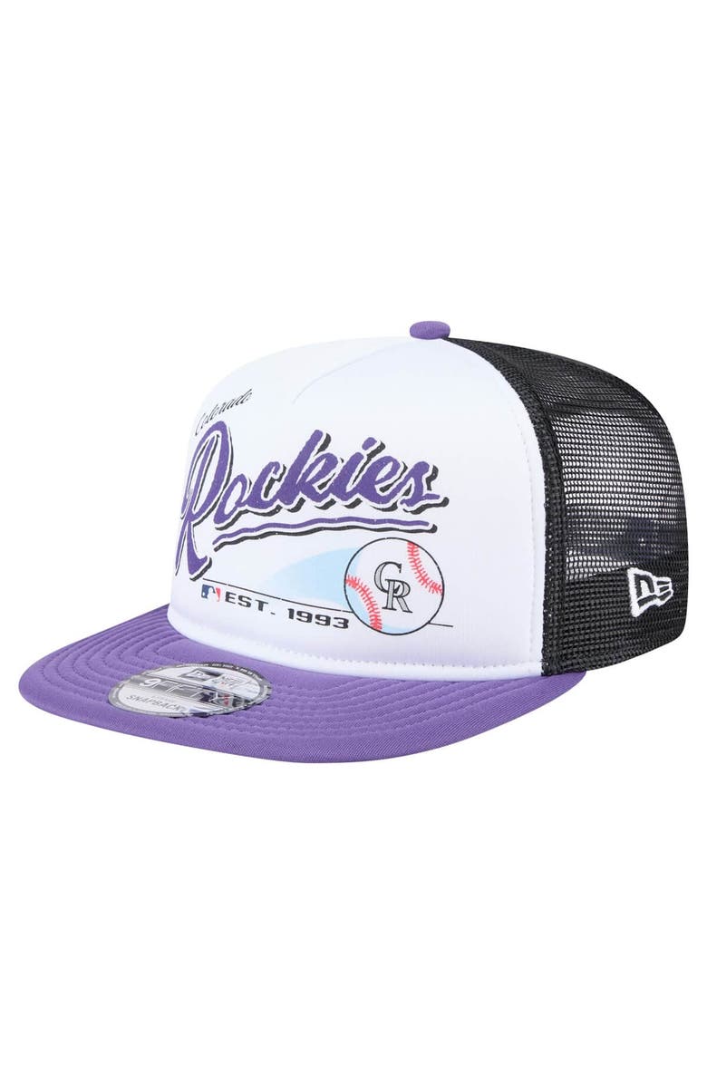 New Era Men's New Era White/Purple Colorado Rockies Retro Script Trucker 9FIFTY Snapback Hat, Main, color, 