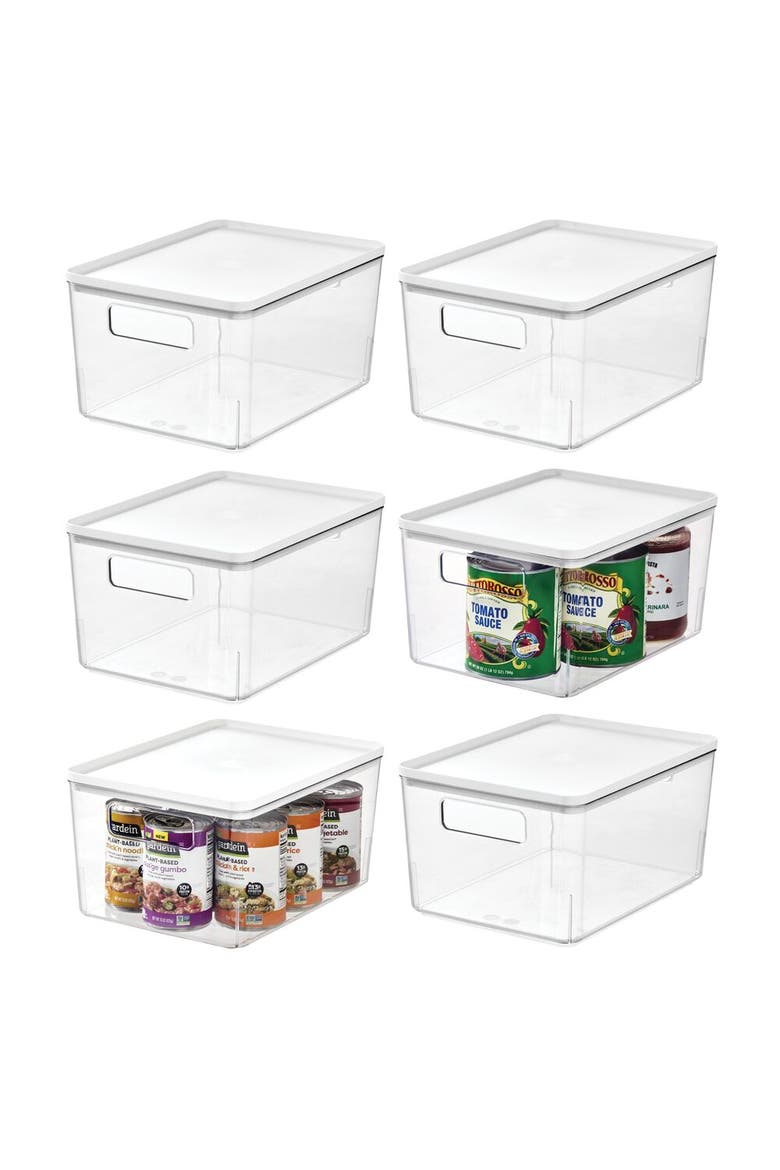 Pantry Bin with Removable Lid - Plastic Storage Bin with Handles - Set of 6, Clear/White, Main, color, Clear