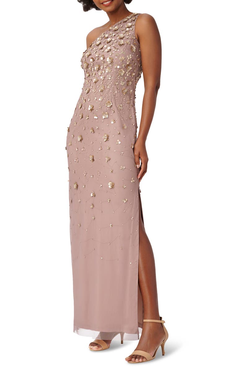 Adrianna Papell 3D Beaded & Sequin One-Shoulder Gown, Alternate, color,