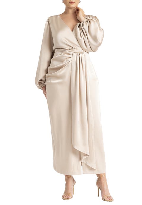 Pleated Satin Puff-Sleeve Maxi Dress (Plus)
