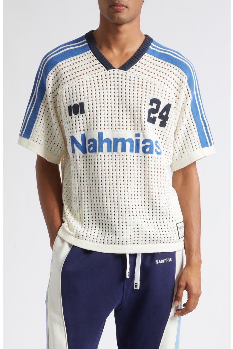 24 Oversize Cotton Pointelle V-Neck Soccer Jersey, Main, color, EGG WHITE