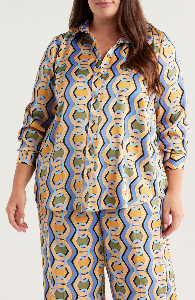 Tahari ASL Geo Print Satin Button-Up Shirt, Main, color, Blue Chains