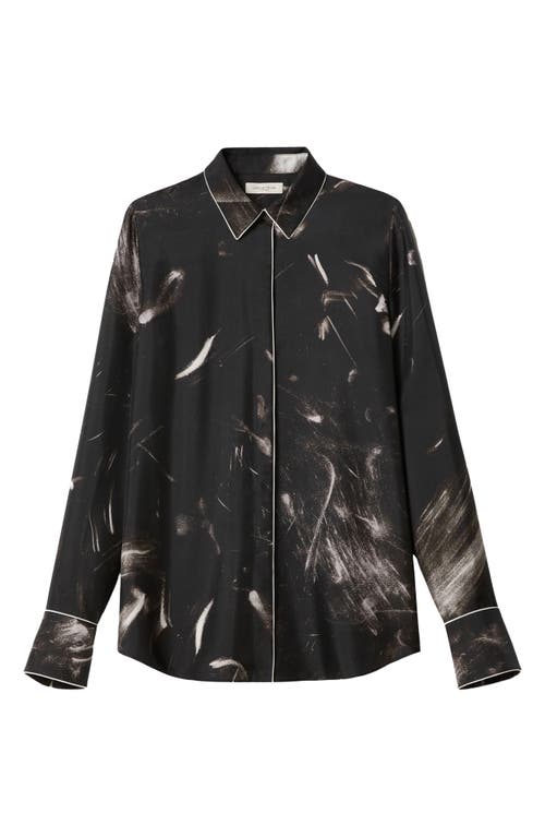 Lafayette 148 Scottie Piped Abstract-print Silk Blouse In Black Multi