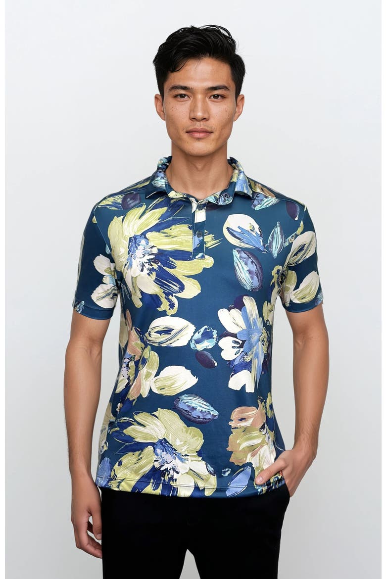 Wrinkle Resistant 3 Button Blue Floral Polo Shirt, Main, color, Blue Multi