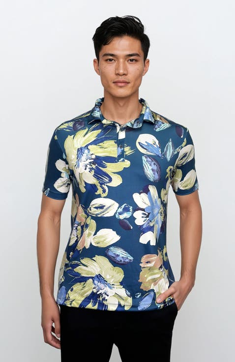 Wrinkle Resistant 3 Button Blue Floral Polo Shirt
