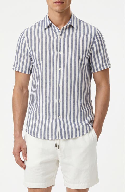 Stripe Short Sleeve Linen & Cotton Blend Button-Up Shirt