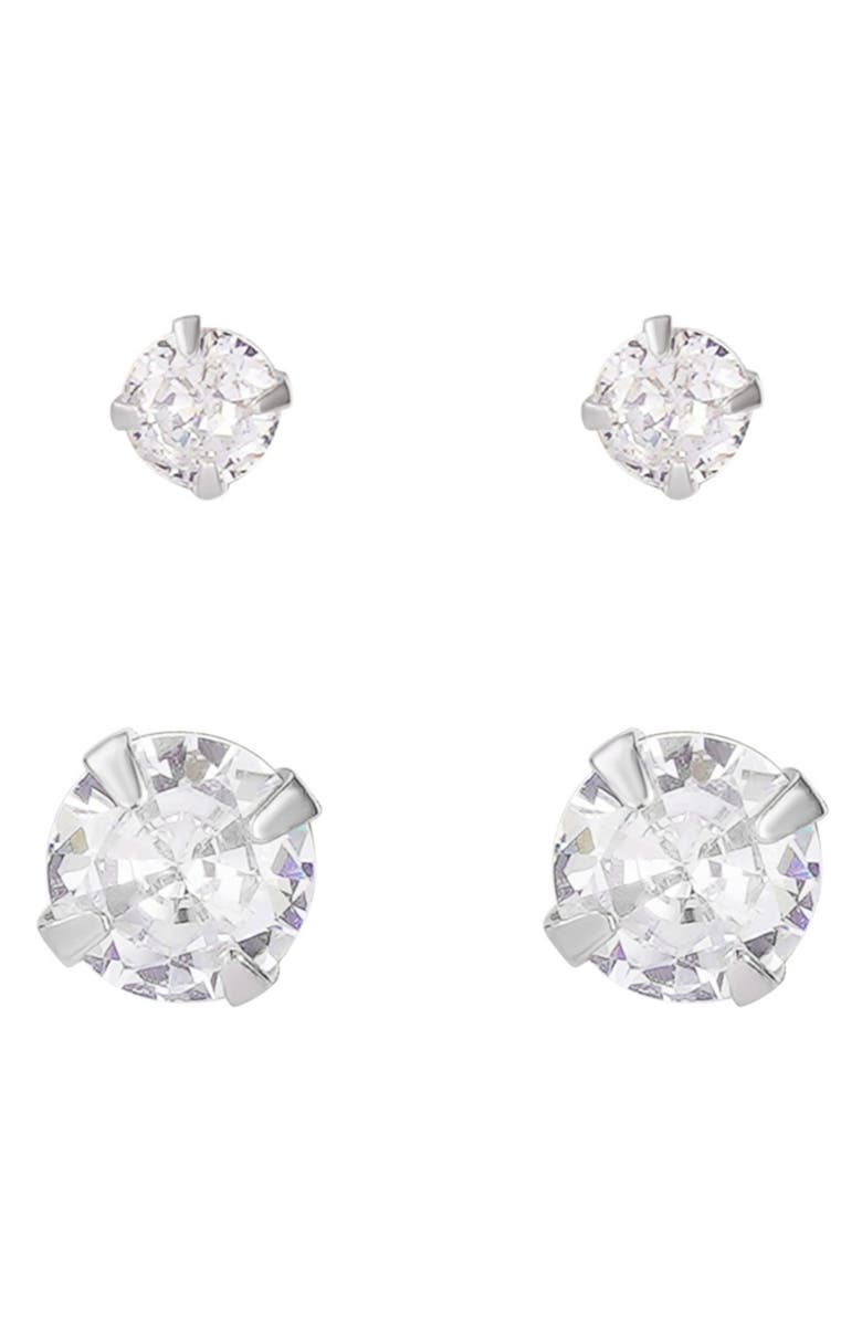 ADORNIA FINE Set of 2 Assorted Solitaire 925 Sterling Silver Crystal Stud Earrings, Alternate, color, Silver