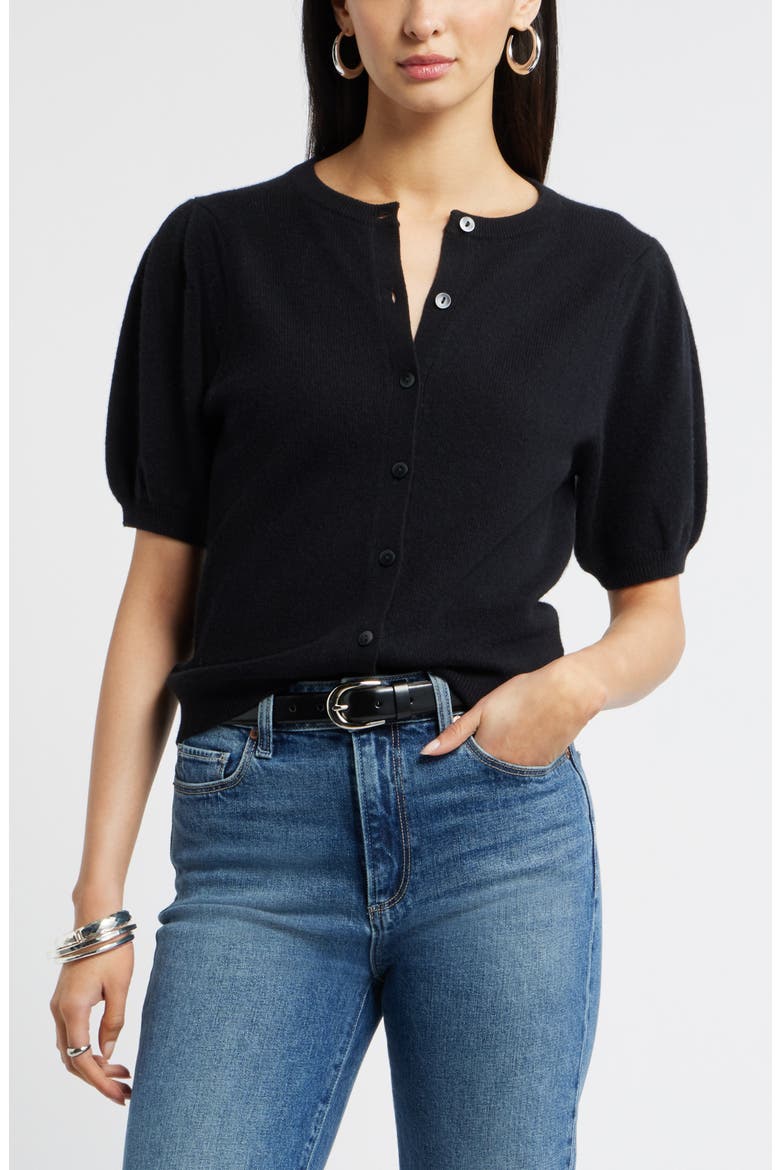 Puff Sleeve Cashmere Cardigan, Main, color, BLACK ROCK