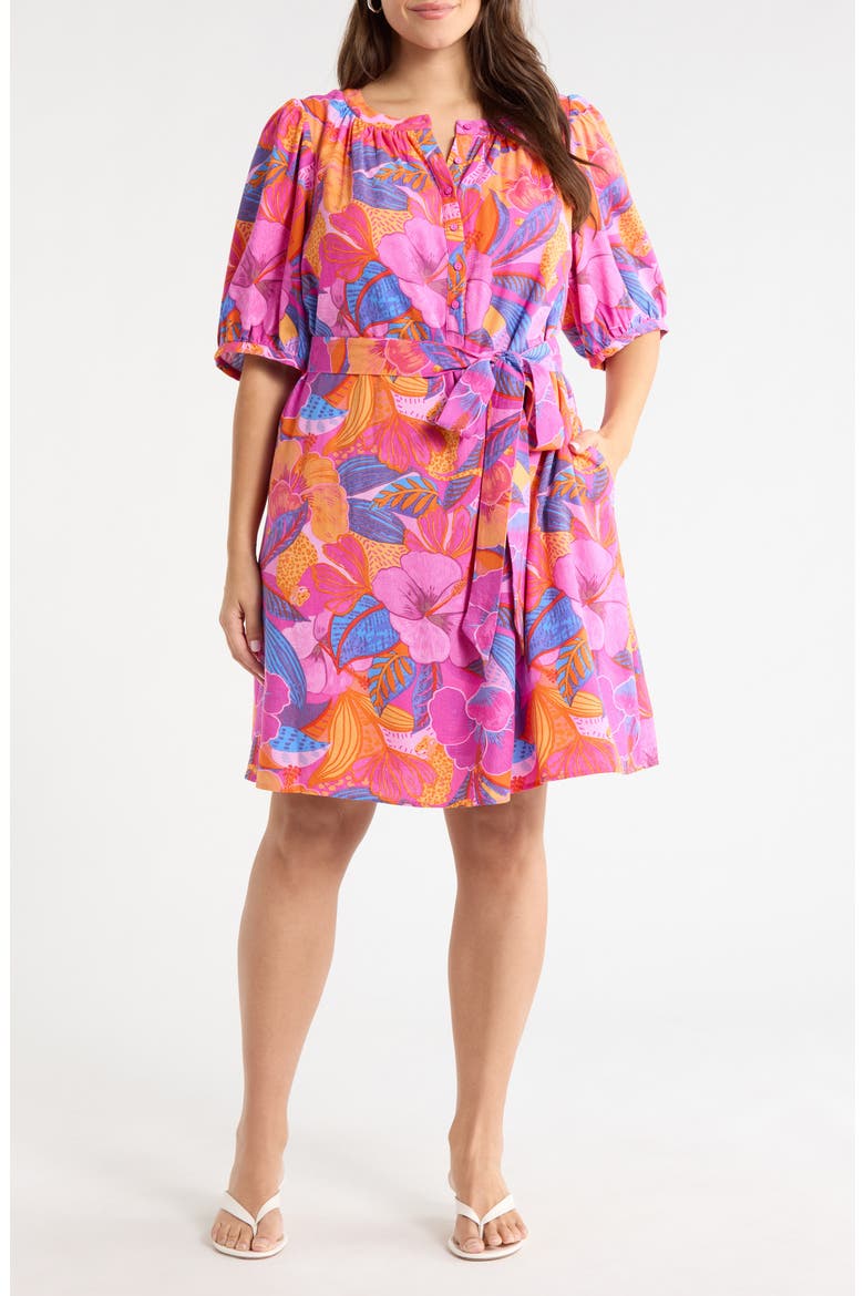 Floral Print Belted Minidress, Main, color, MAGENTA