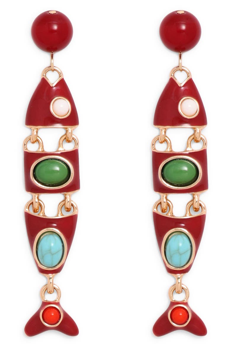 Gwenna Fish Drop Earrings, Main, color, RED