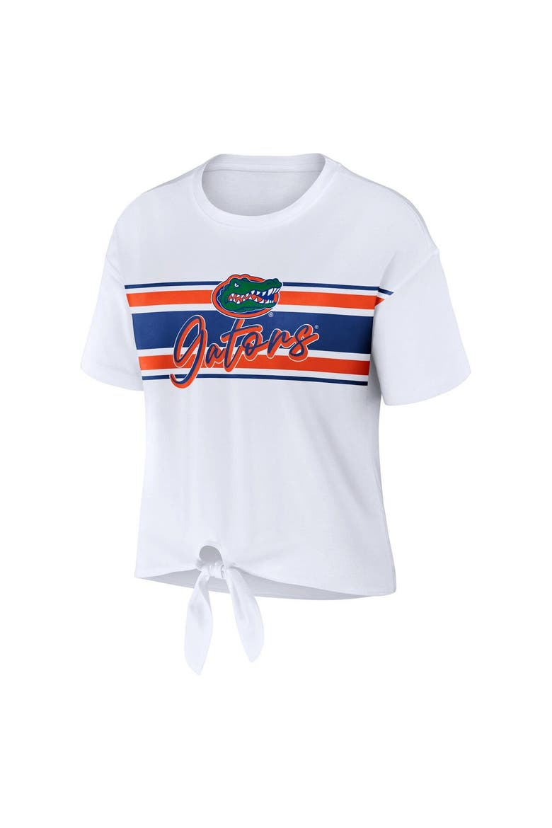Women's WEAR by Erin Andrews White Florida Gators Striped Front Knot Cropped T-Shirt, Alternate, color, White