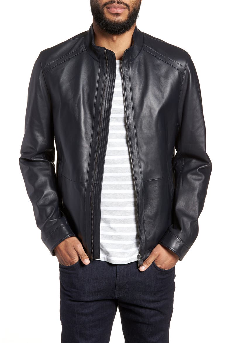 Nestal Regular Fit Leather Jacket, Main, color, BLACK