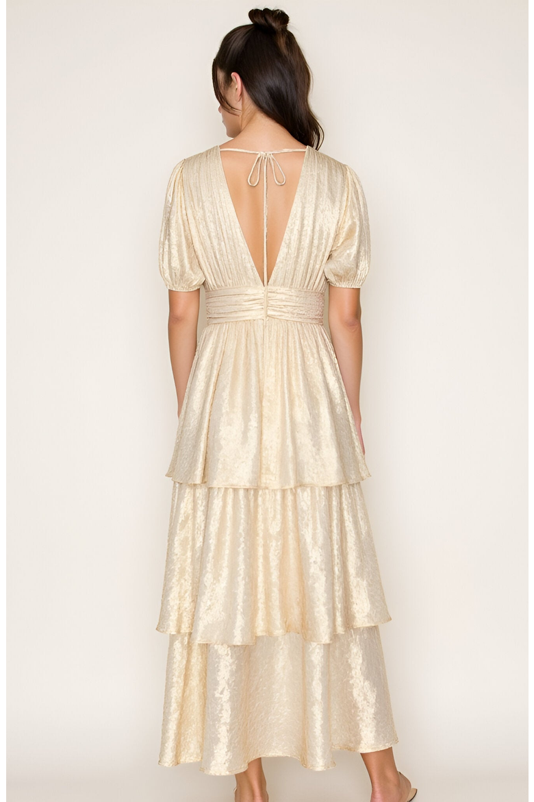 Tiered Metallic Puff Sleeve Pleated Waist Maxi Dress, Alternate, color, Metallic Gold