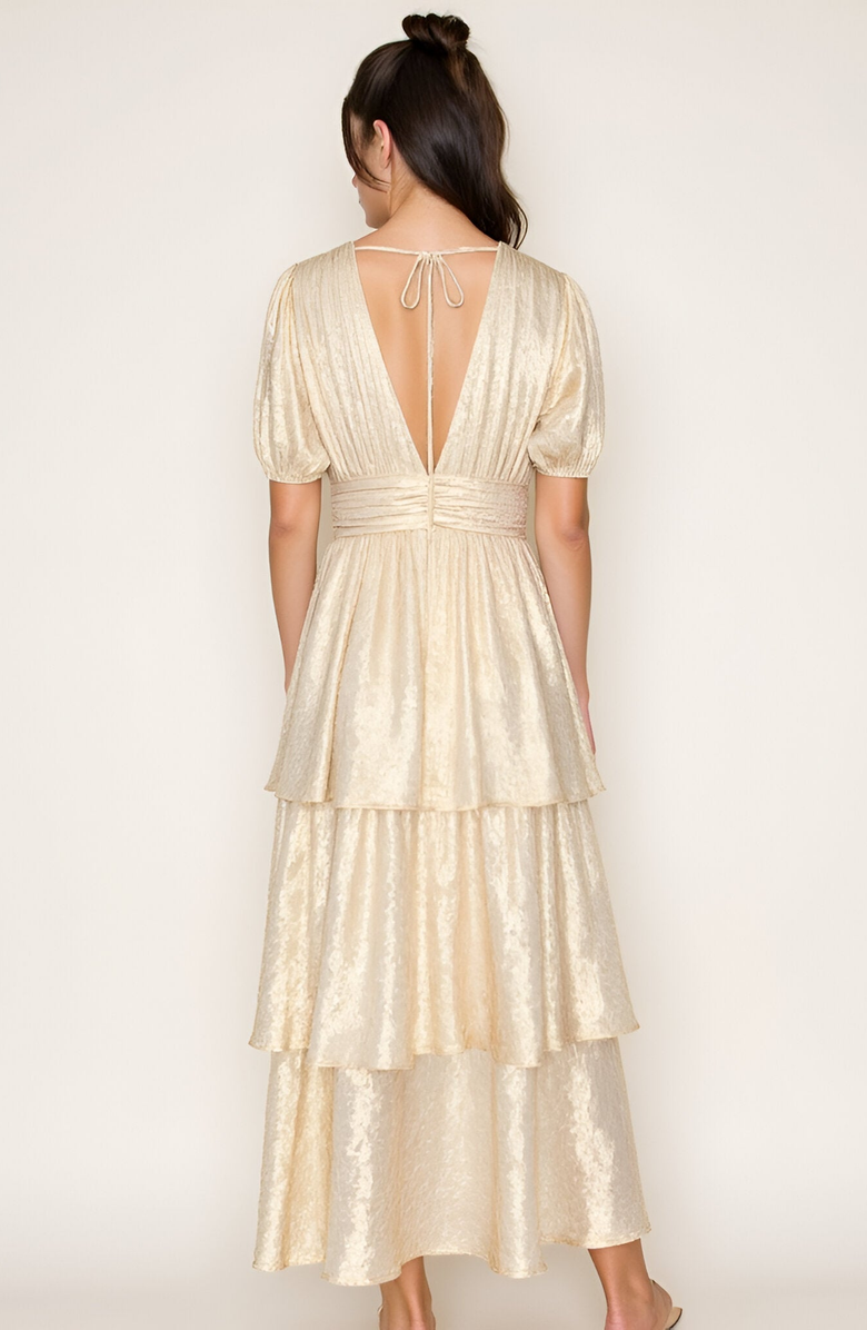 Modenaire Tiered Metallic Puff Sleeve Pleated Waist Maxi Dress, Alternate, color, Metallic Gold