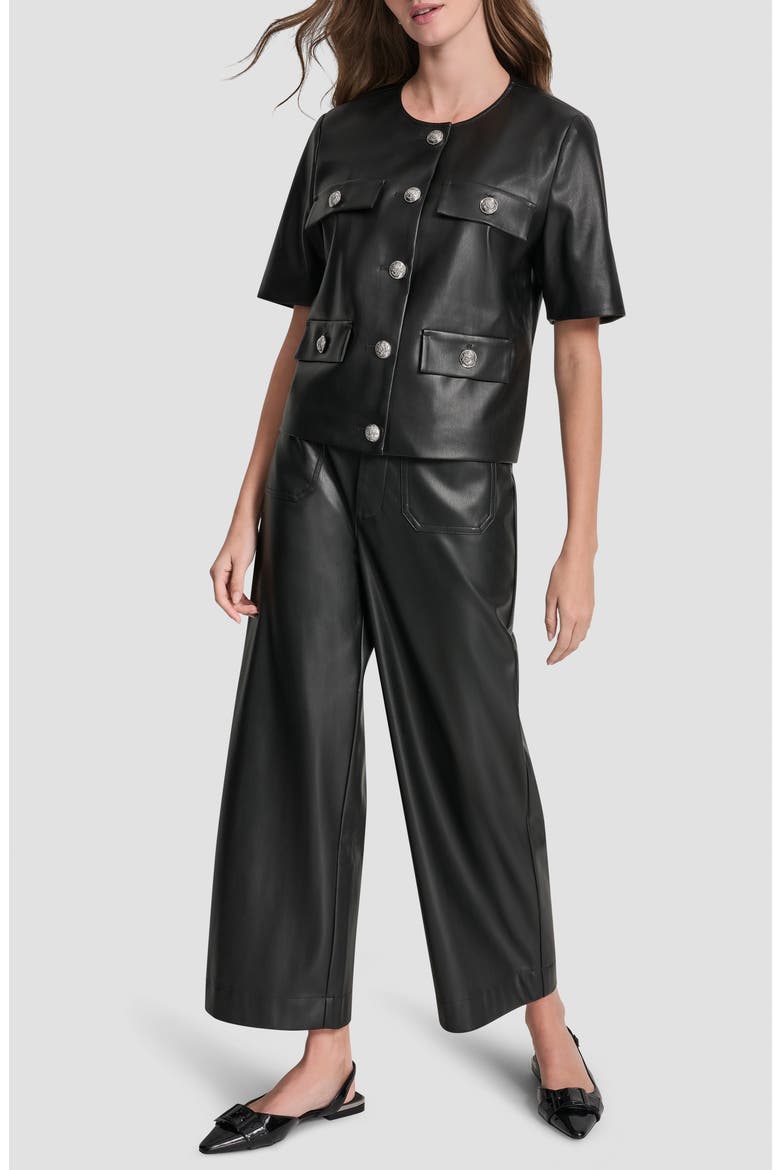 Short Sleeve Faux Leather Jacket, Alternate, color, BLACK/ SHINY SILVER