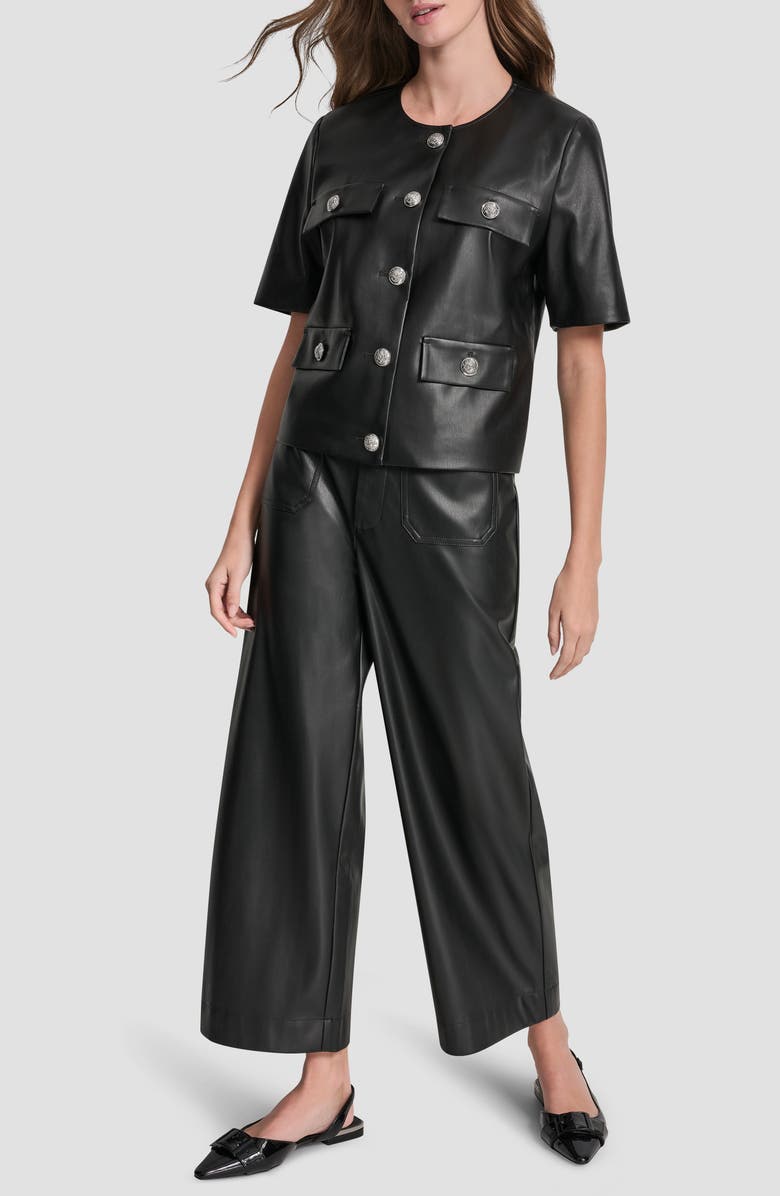 DKNY Jeans Short Sleeve Faux Leather Jacket, Alternate, color, Black/ Shiny Silver