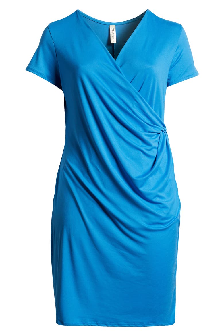 V-Neck Stretch Faux Wrap Dress, Alternate, color, TURQUOISE
