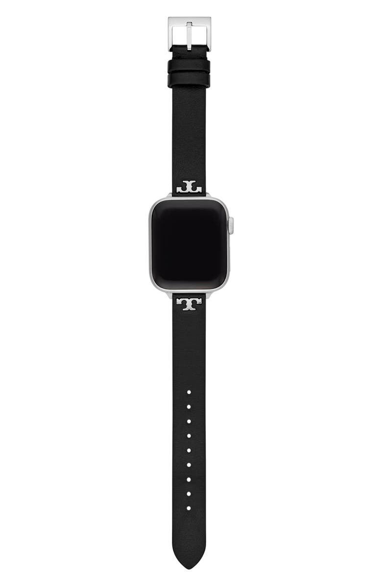 Tory Burch The 'T' Leather 14mm Apple Watch<sup>®</sup> Watchband, Alternate, color, Black