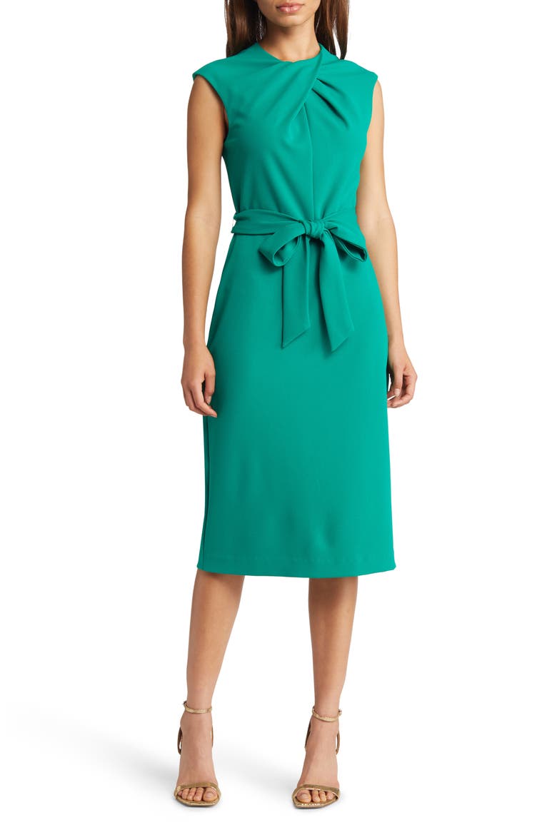 Cross Neck Tie Waist Sheath Dress, Main, color, DYNASTY GREEN
