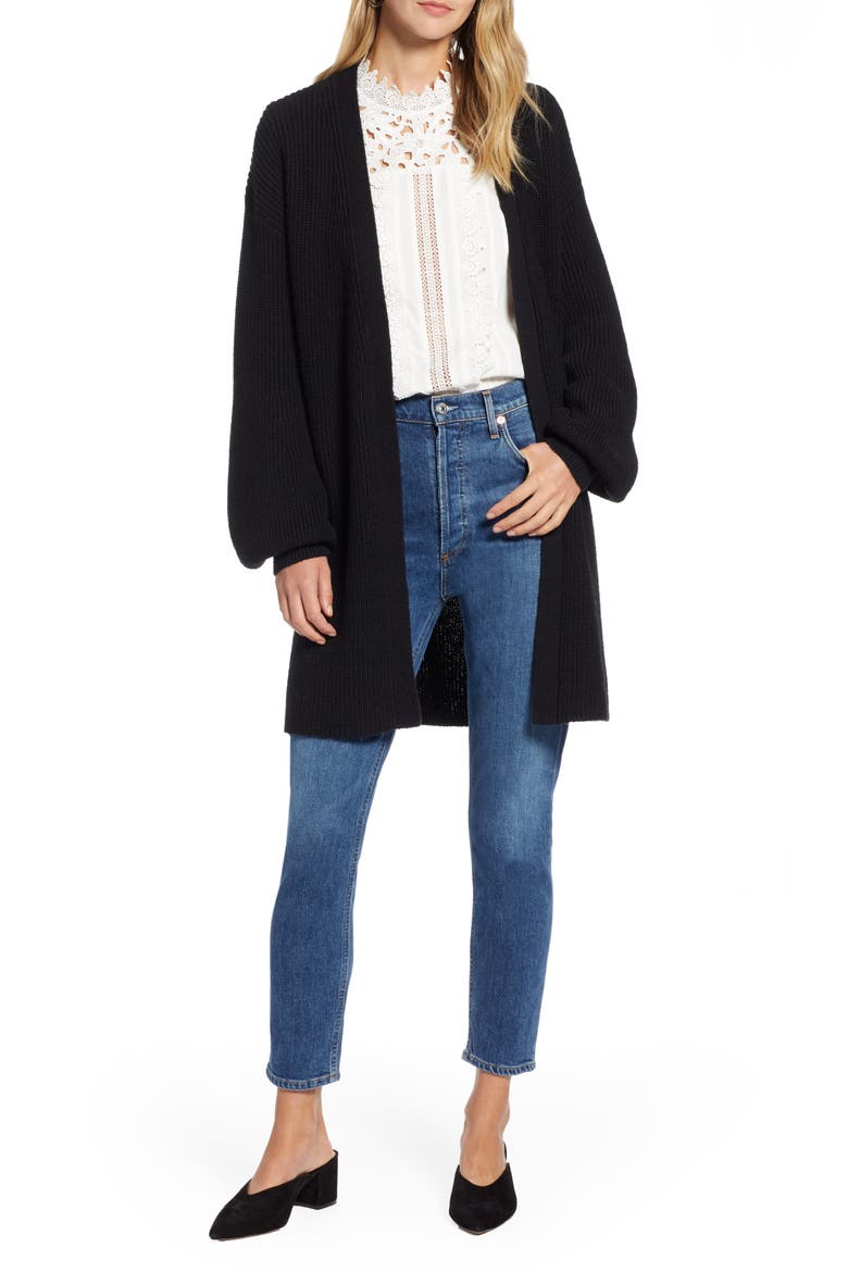 Long Blouson Sleeve Cardigan, Main, color, BLACK