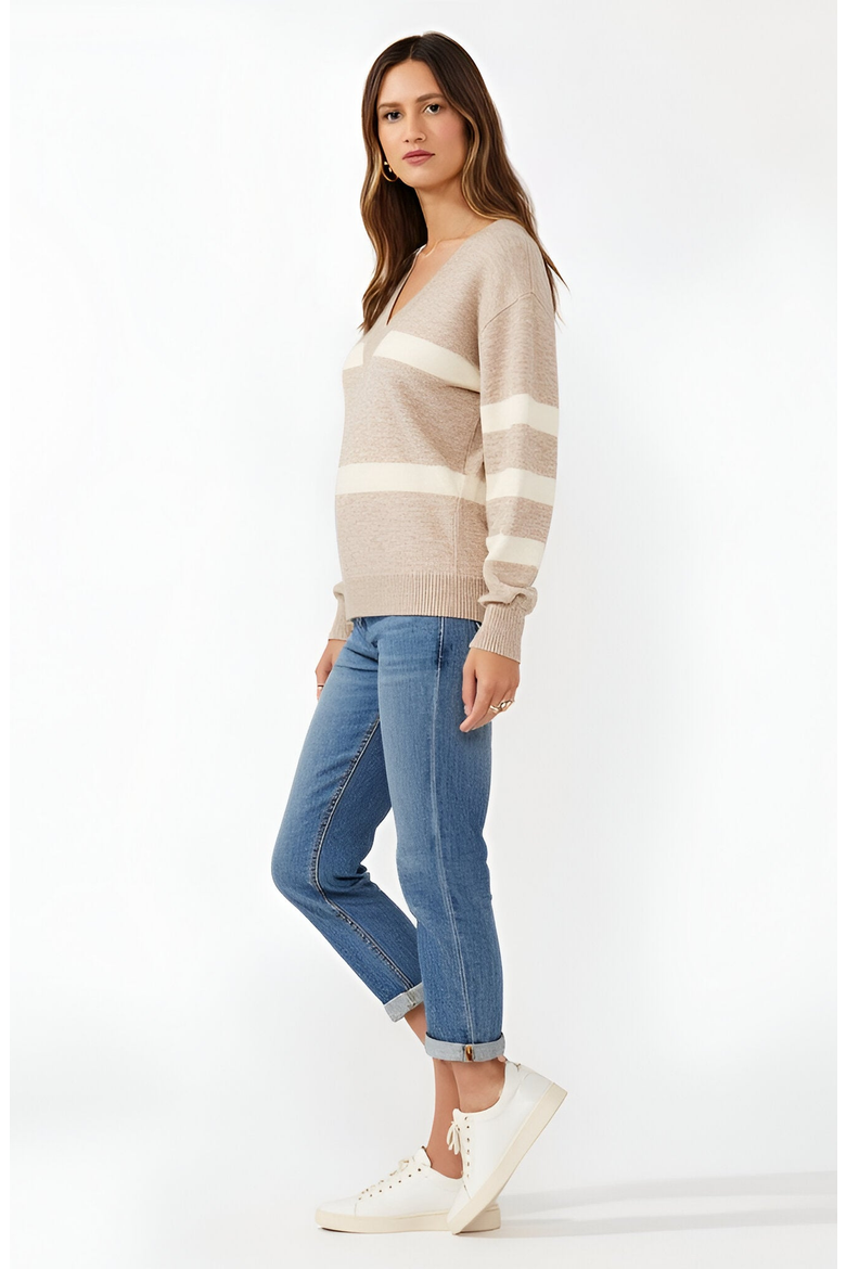 Striped V-Neck Drop-Shoulder Ribbed-Trim Sweater, Alternate, color, Beige / Cream