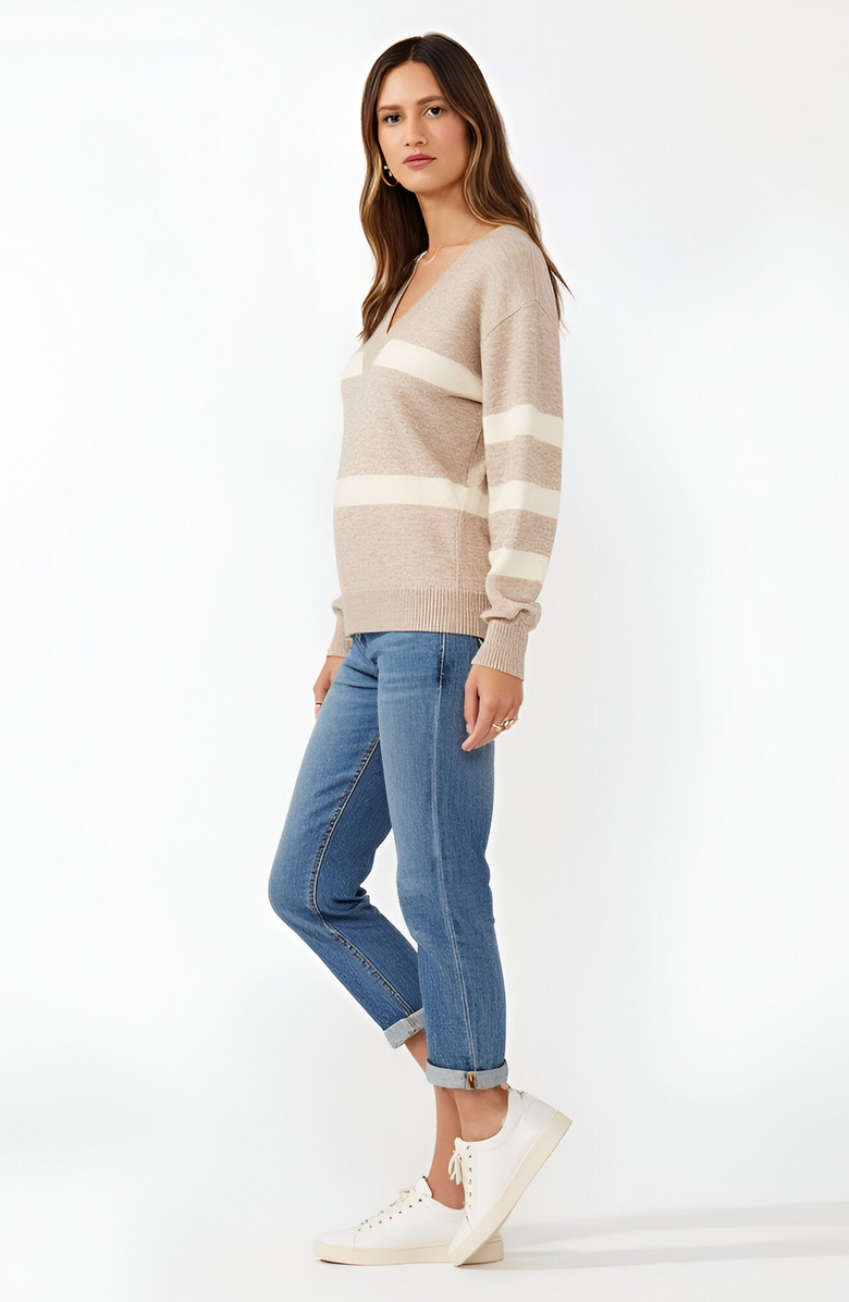 Modenaire Striped V-Neck Drop-Shoulder Ribbed-Trim Sweater, Alternate, color, Beige / Cream
