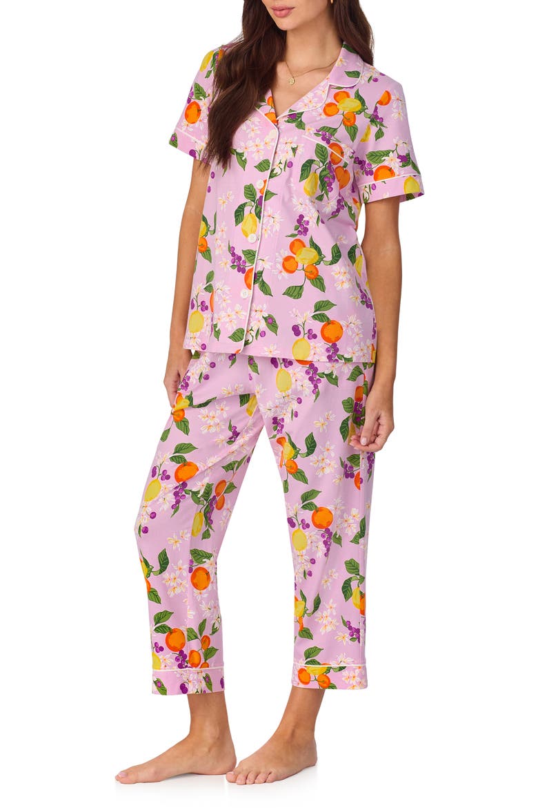 Print Stretch Organic Cotton Jersey Crop Pajamas, Alternate, color, CITRUS BLOSSOM