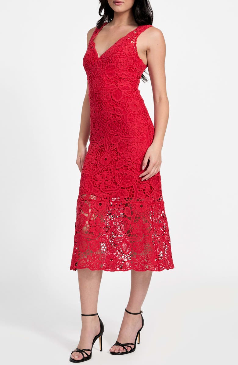 GUESS Rosalia Floral Lace Midi Dress, Alternate, color, Siren Red Multi