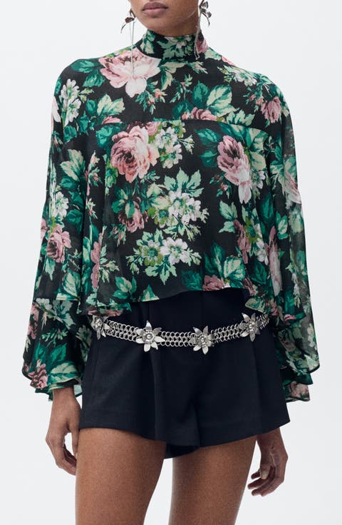 Floral Print Tie Neck Top