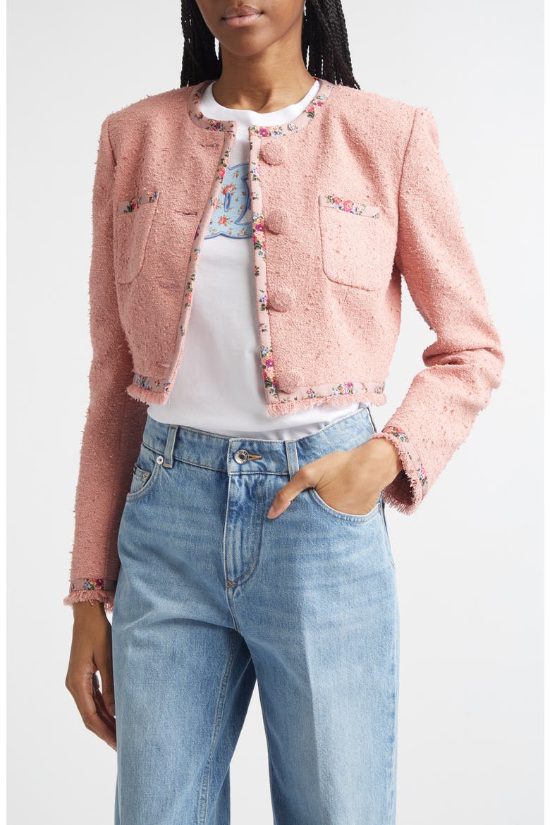 Floral Trim Crop Tweed Jacket, Main, color, ROSA POLVERE SCURO