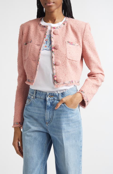 Floral Trim Crop Tweed Jacket