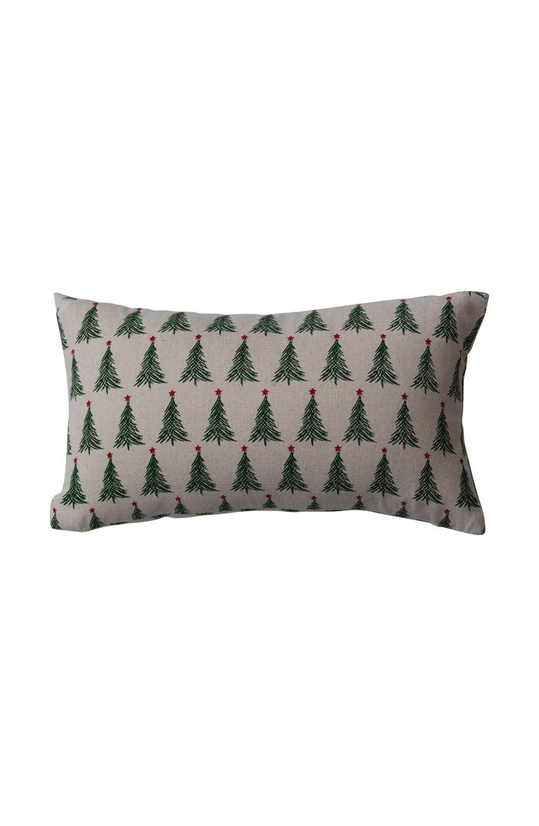 Storied Home Stonewashed Cotton Printed Lumbar Pillow with Christmas Tree Pattern, Natural, Green and Red, Main, color, 