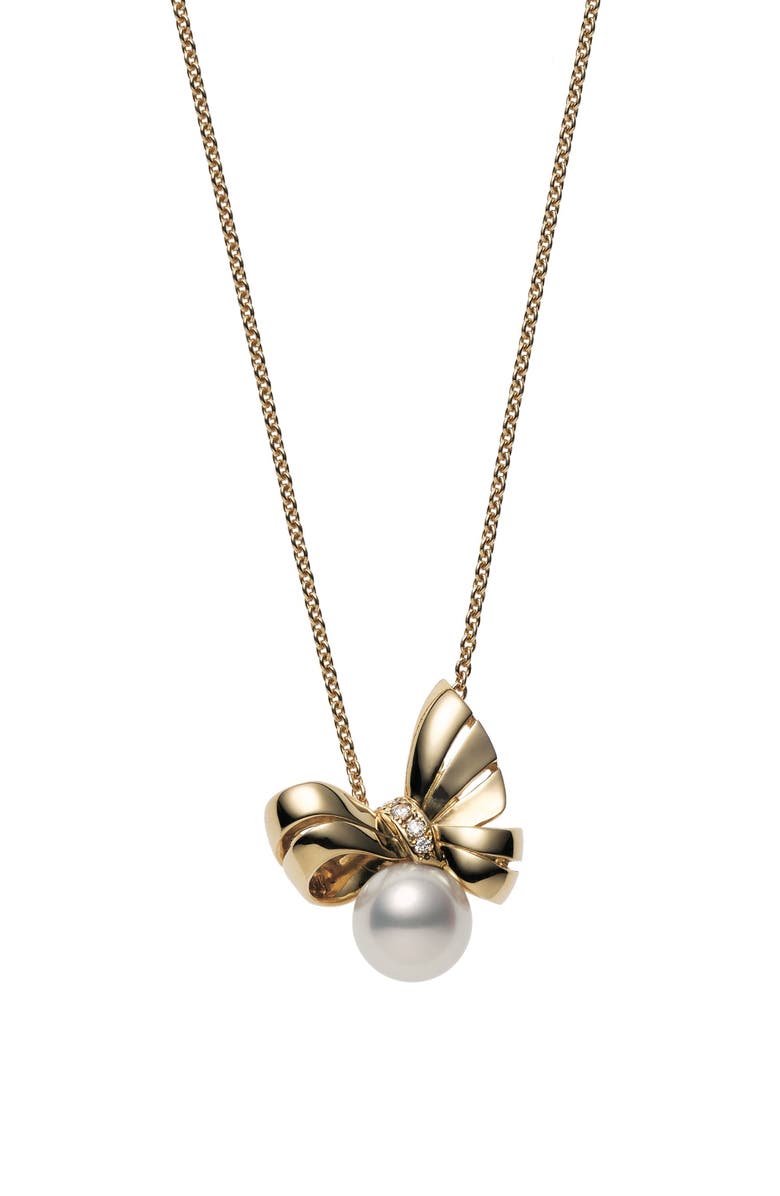 Mikimoto Ribbon Diamond & Pearl Pendant Necklace, Main, color, 