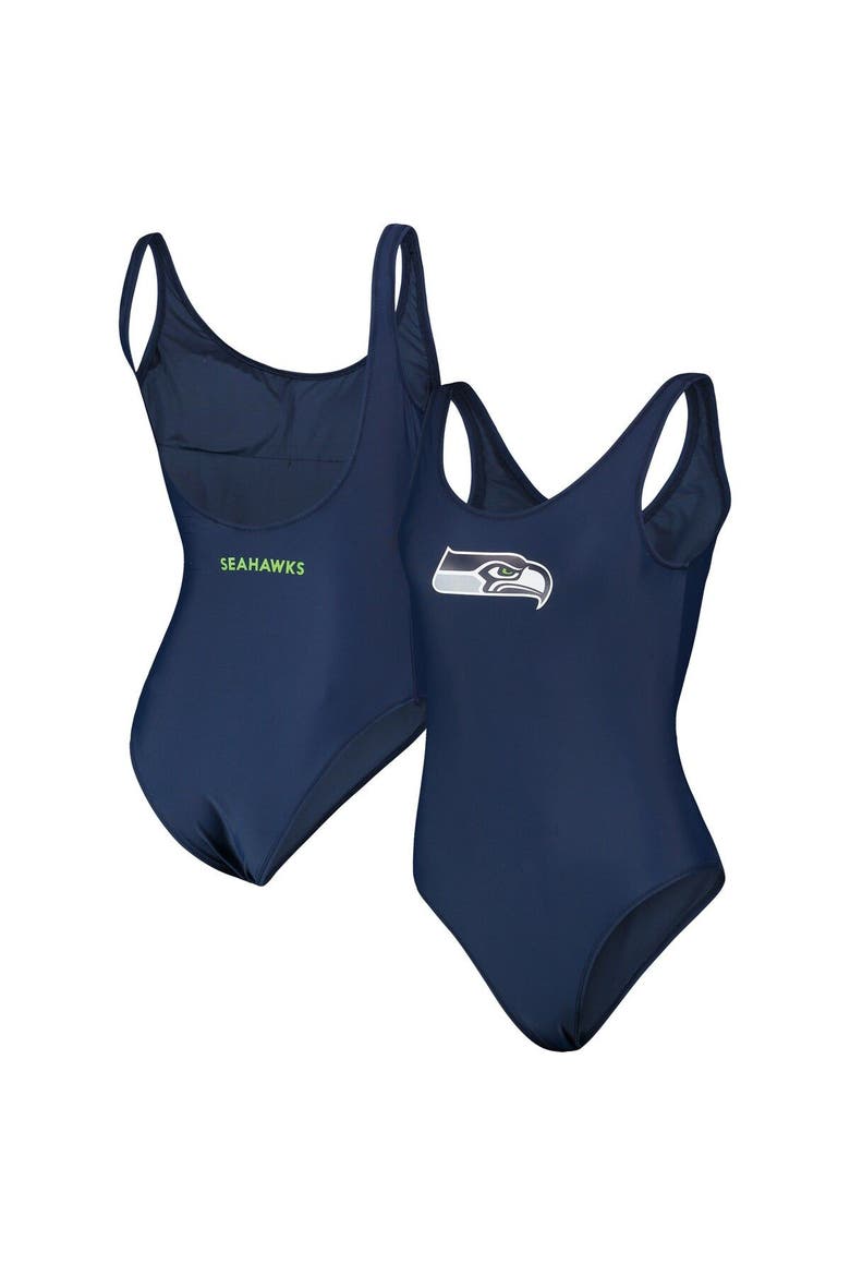 Women's G-III 4Her by Carl Banks Scarlet Seattle Seahawks Making Waves One-Piece Swimsuit, Main, color, Navy