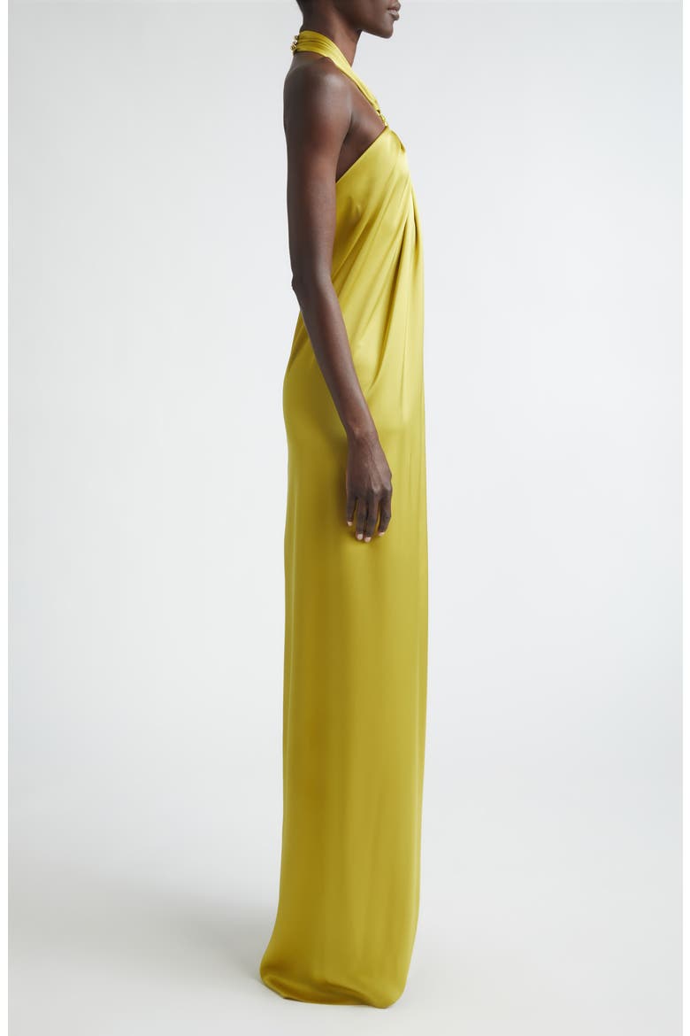 Liquid Satin Halter Neck Column Gown, Alternate, color, CITRINE