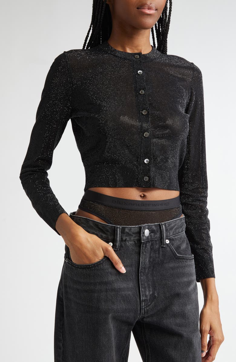 Alexander Wang Crystal Hotfix Crop Cardigan, Alternate, color, 001 Black
