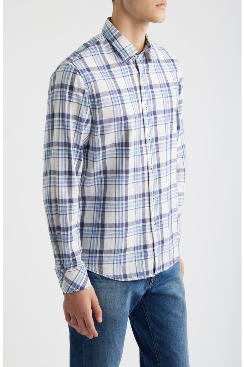 Plaji Regular Fit Plaid Cotton & Linen Button-Up Shirt, Alternate, color, BLUE