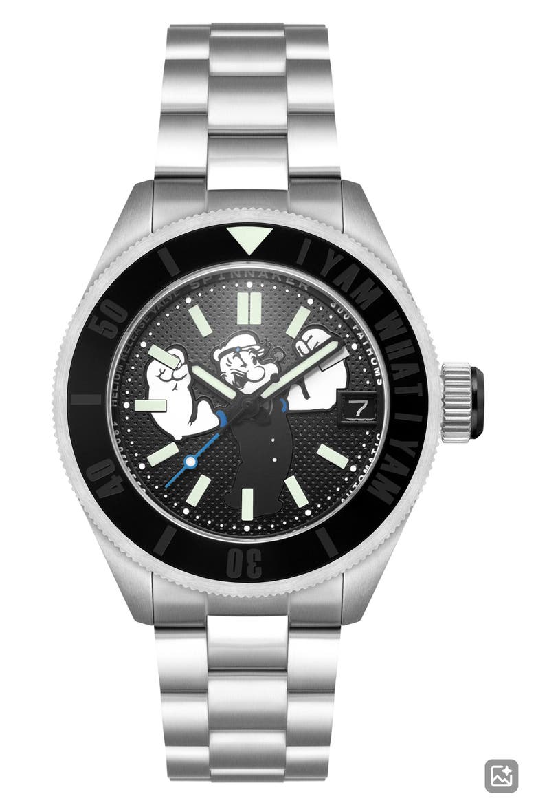x Popeye Forearm Fury Piccard Automatic Bracelet Watch, 45mm, Main, color, BLACK