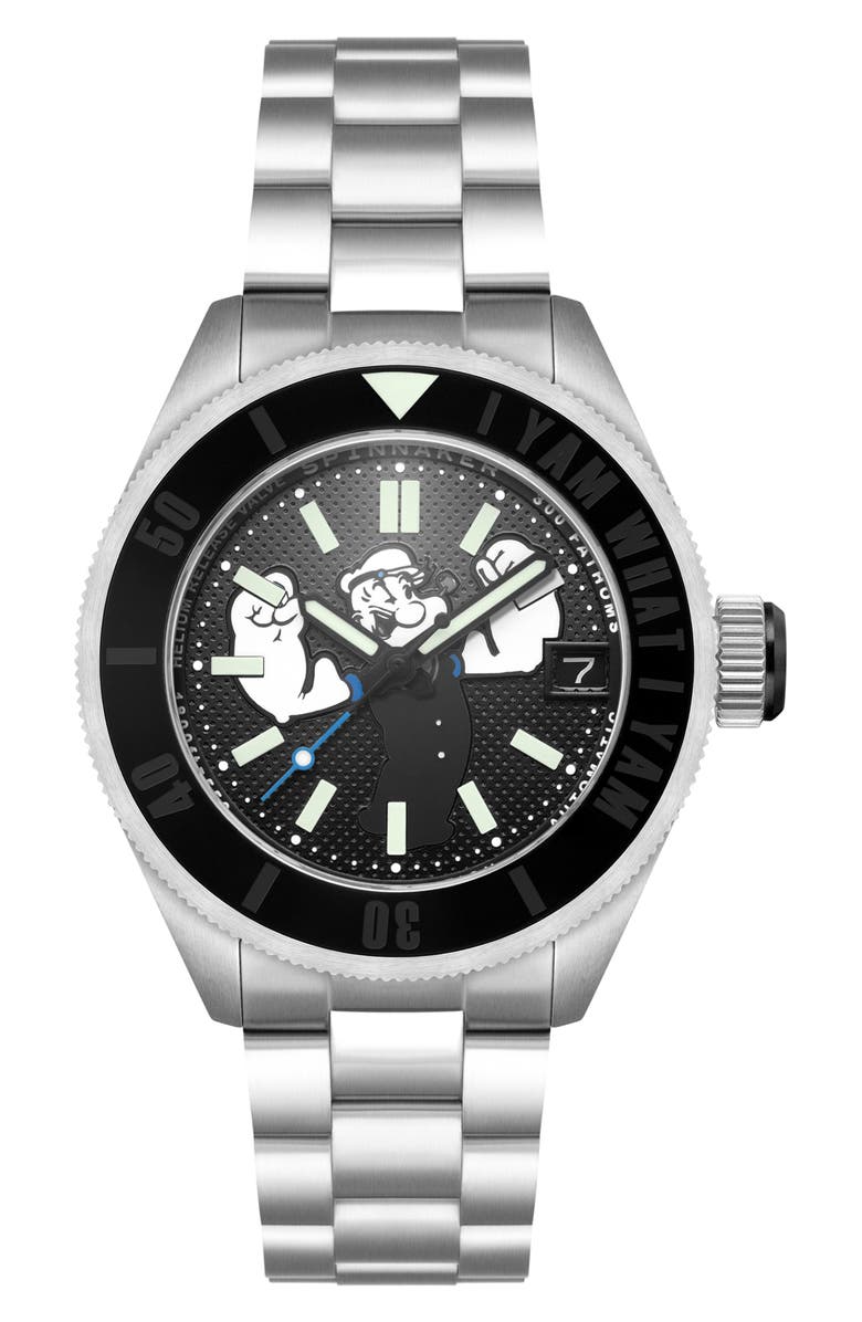 SPINNAKER x Popeye Forearm Fury Piccard Automatic Bracelet Watch, 45mm, Main, color, Black