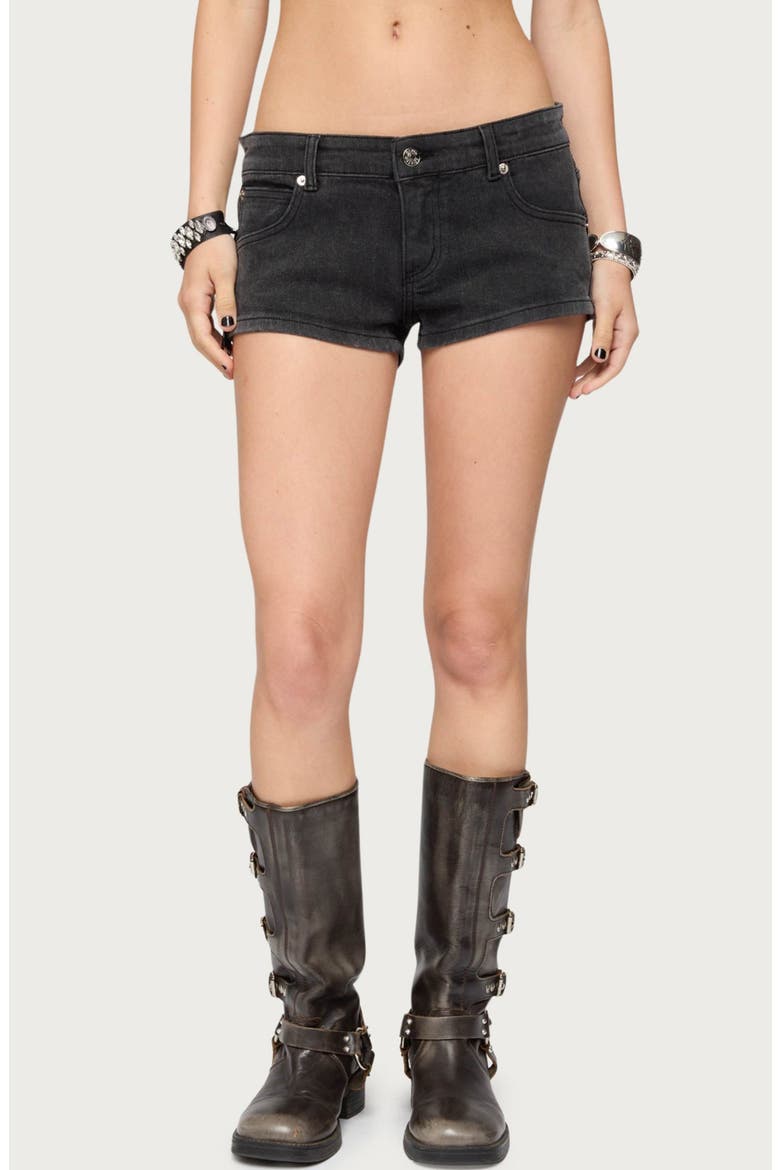 Syra Zip Detail Low Rise Denim Shorts, Main, color, BLACK-WASHED