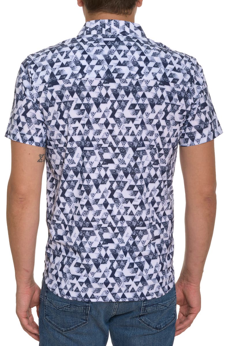 Robert Graham Stamos Geo Print Short Sleeve Button-Up Knit Shirt, Alternate, color, 